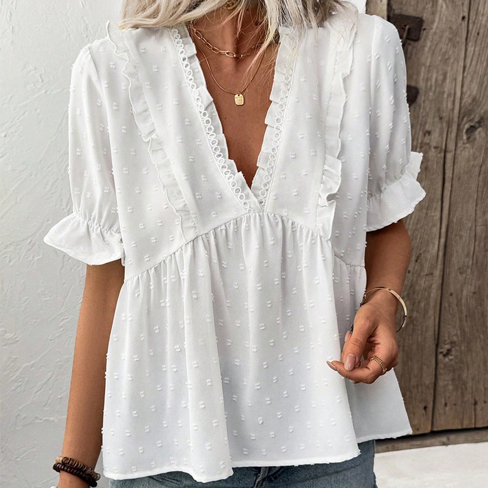 Women's Vacation V Neck Blouse with Flounce Sleeves for Summer Getaways - Picture 21 of 60