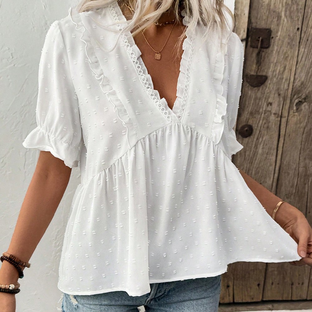 Women's Vacation V Neck Blouse with Flounce Sleeves for Summer Getaways - Picture 22 of 60