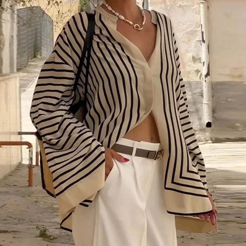 Loose Fit Striped Shirt for Women with Buttonless Placket and Casual Elegance - Picture 14 of 53