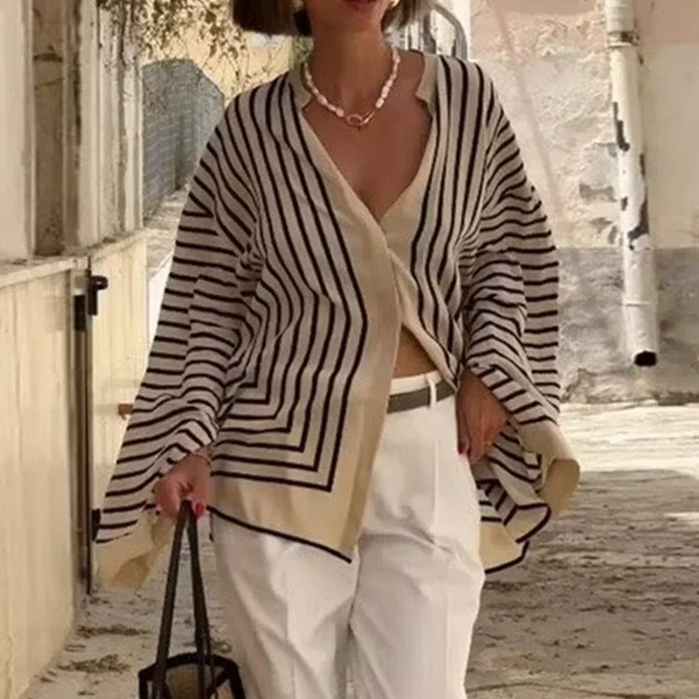 Loose Fit Striped Shirt for Women with Buttonless Placket and Casual Elegance - Picture 21 of 53