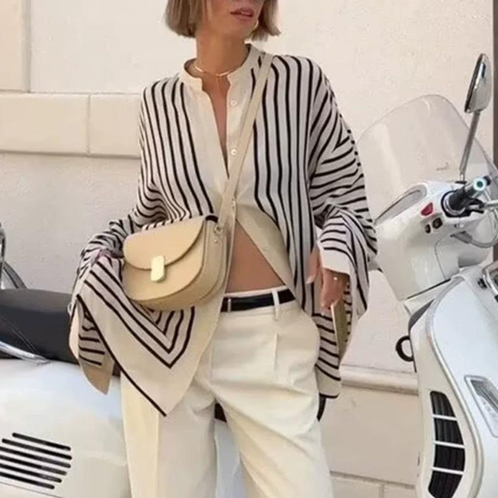 Loose Fit Striped Shirt for Women with Buttonless Placket and Casual Elegance - Picture 15 of 53