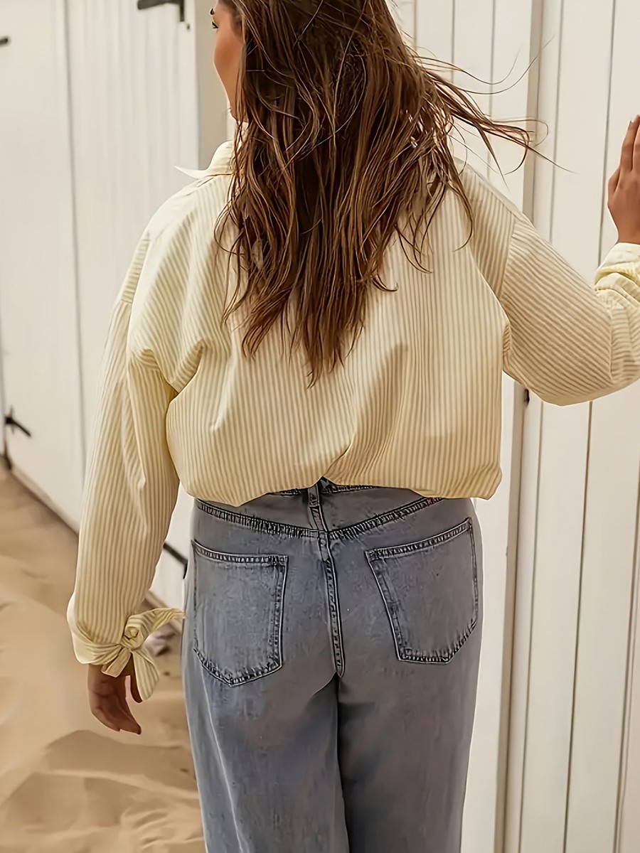 Casual Women's Striped Loose Fit Shirt in Yellow for Commuting and Shopping - Picture 15 of 52