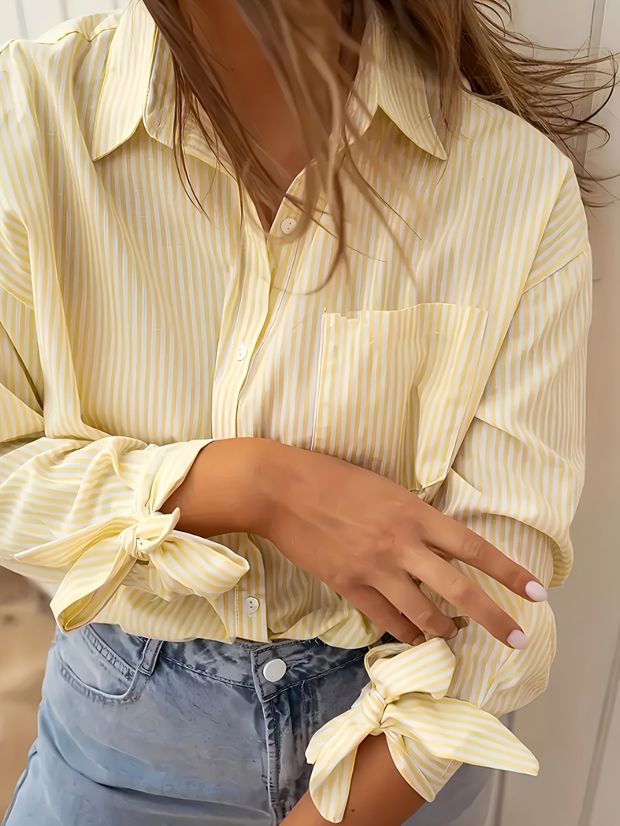Casual Women's Striped Loose Fit Shirt in Yellow for Commuting and Shopping - Picture 19 of 52
