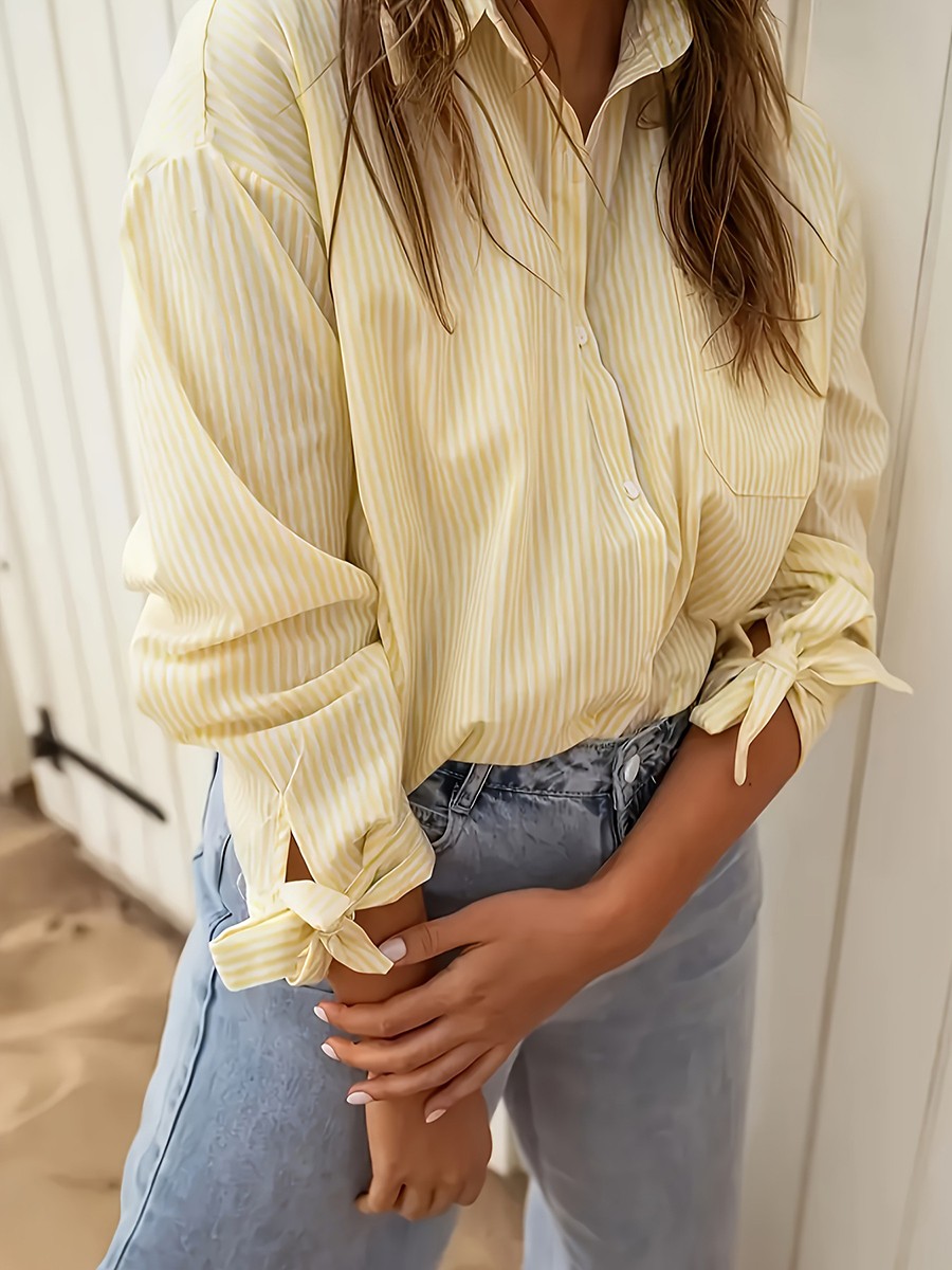 Casual Women's Striped Loose Fit Shirt in Yellow for Commuting and Shopping - Picture 16 of 52