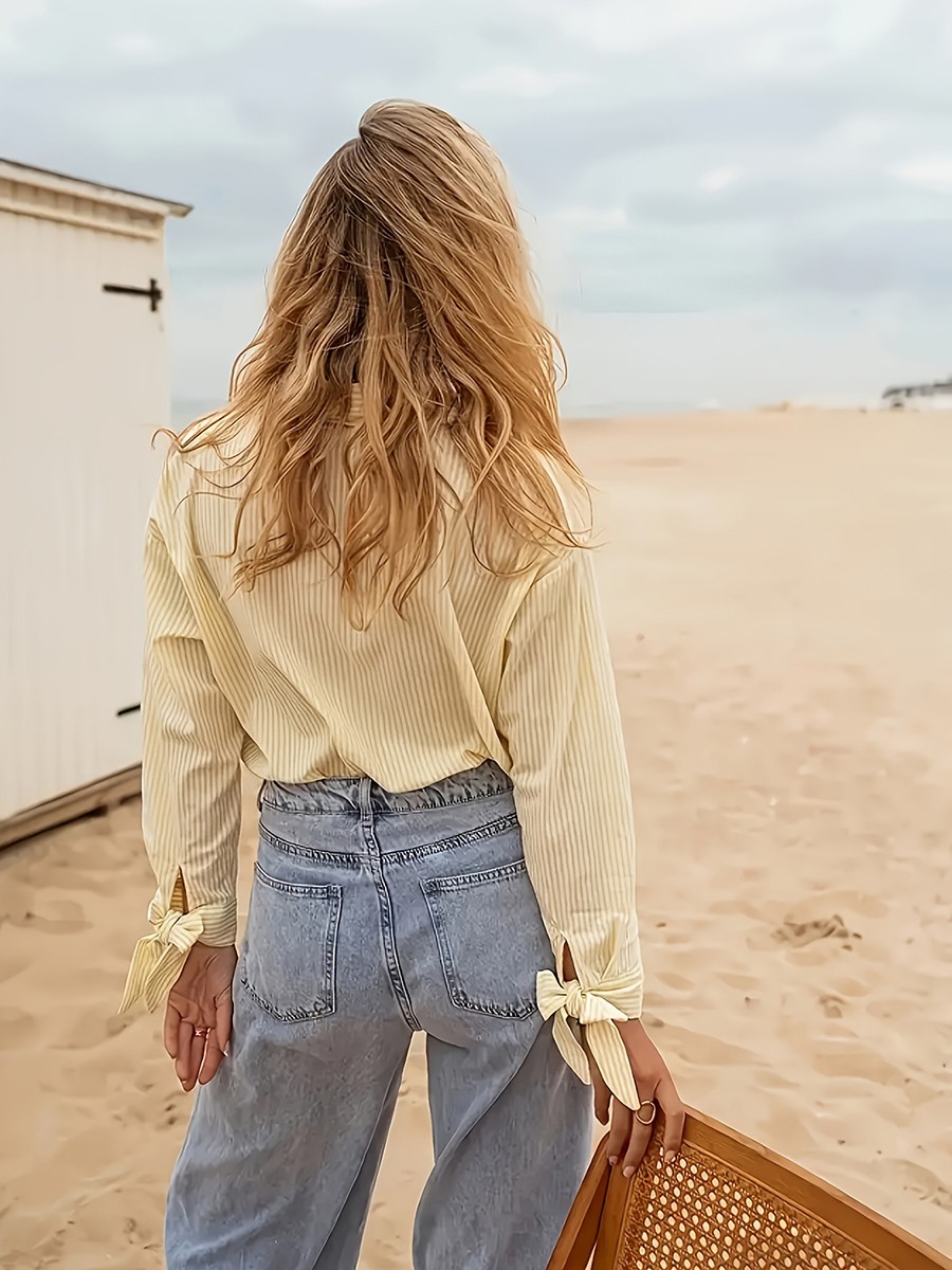 Casual Women's Striped Loose Fit Shirt in Yellow for Commuting and Shopping - Picture 17 of 52