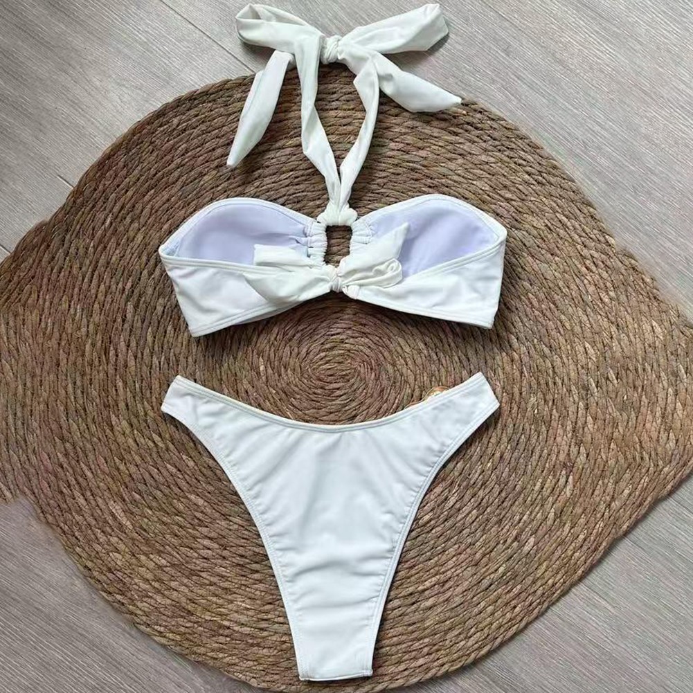 Sporty Solid Color Swimsuit Set for Women Halter Neck Cutout Beachwear - Picture 20 of 25