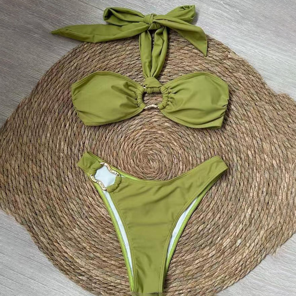 Sporty Solid Color Swimsuit Set for Women Halter Neck Cutout Beachwear - Picture 16 of 25