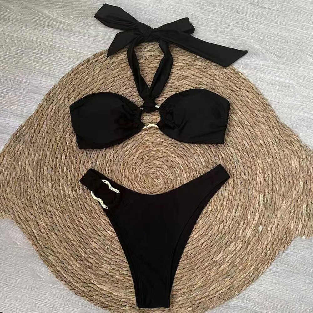 Sporty Solid Color Swimsuit Set for Women Halter Neck Cutout Beachwear - Picture 13 of 25