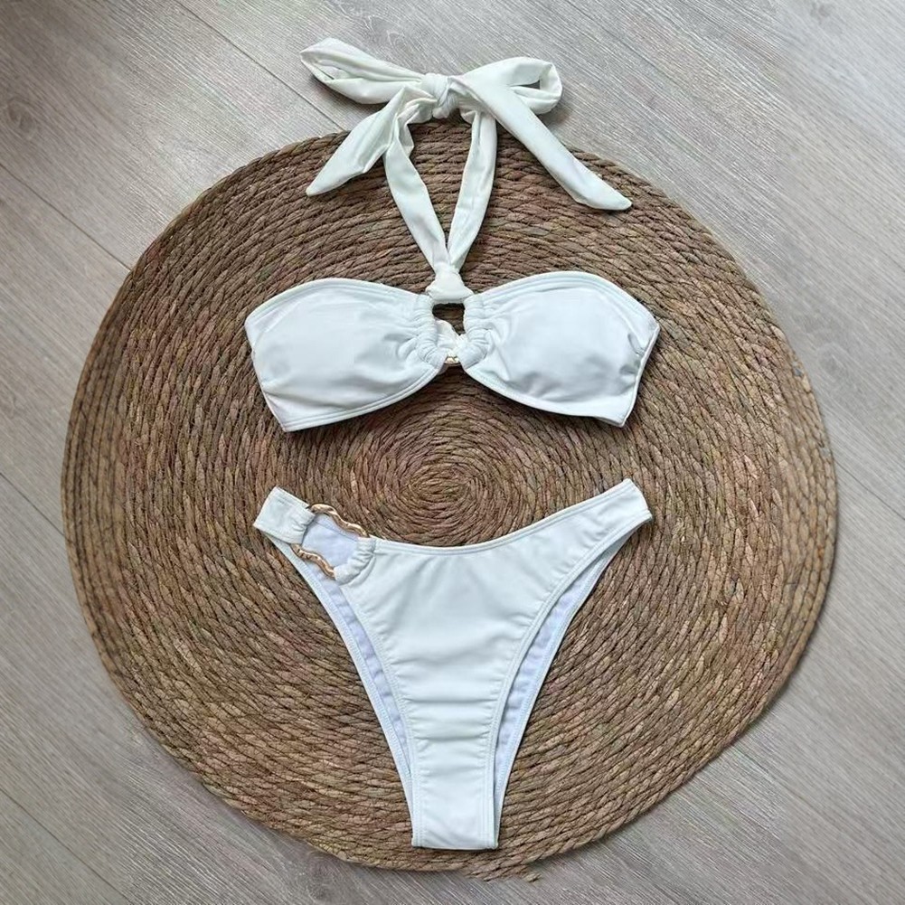Sporty Solid Color Swimsuit Set for Women Halter Neck Cutout Beachwear - Picture 21 of 25