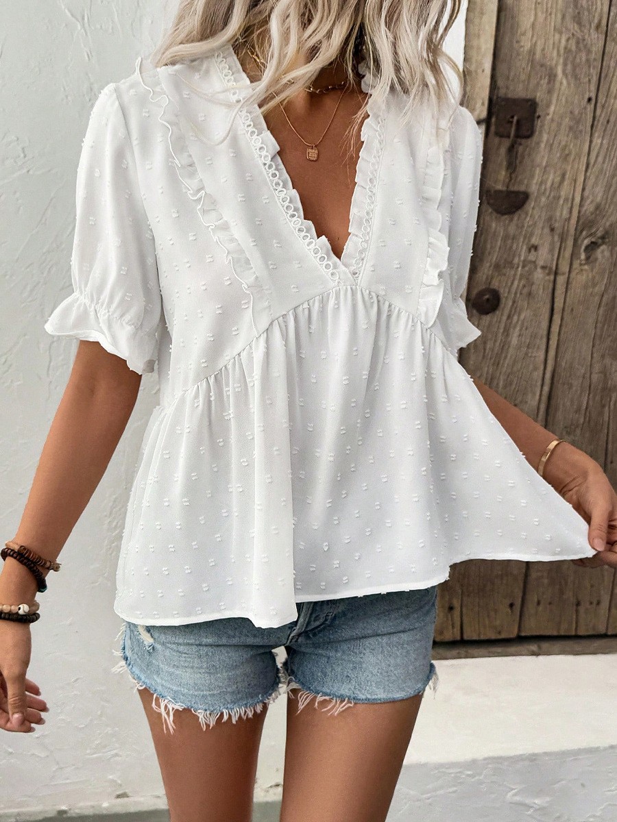 Women's Vacation V Neck Blouse with Flounce Sleeves for Summer Getaways - Picture 18 of 60