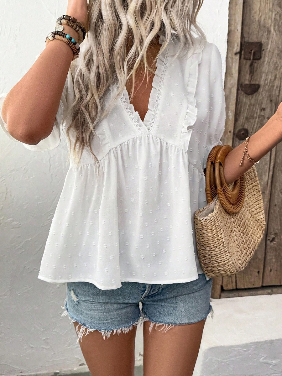 Women's Vacation V Neck Blouse with Flounce Sleeves for Summer Getaways - Picture 16 of 60