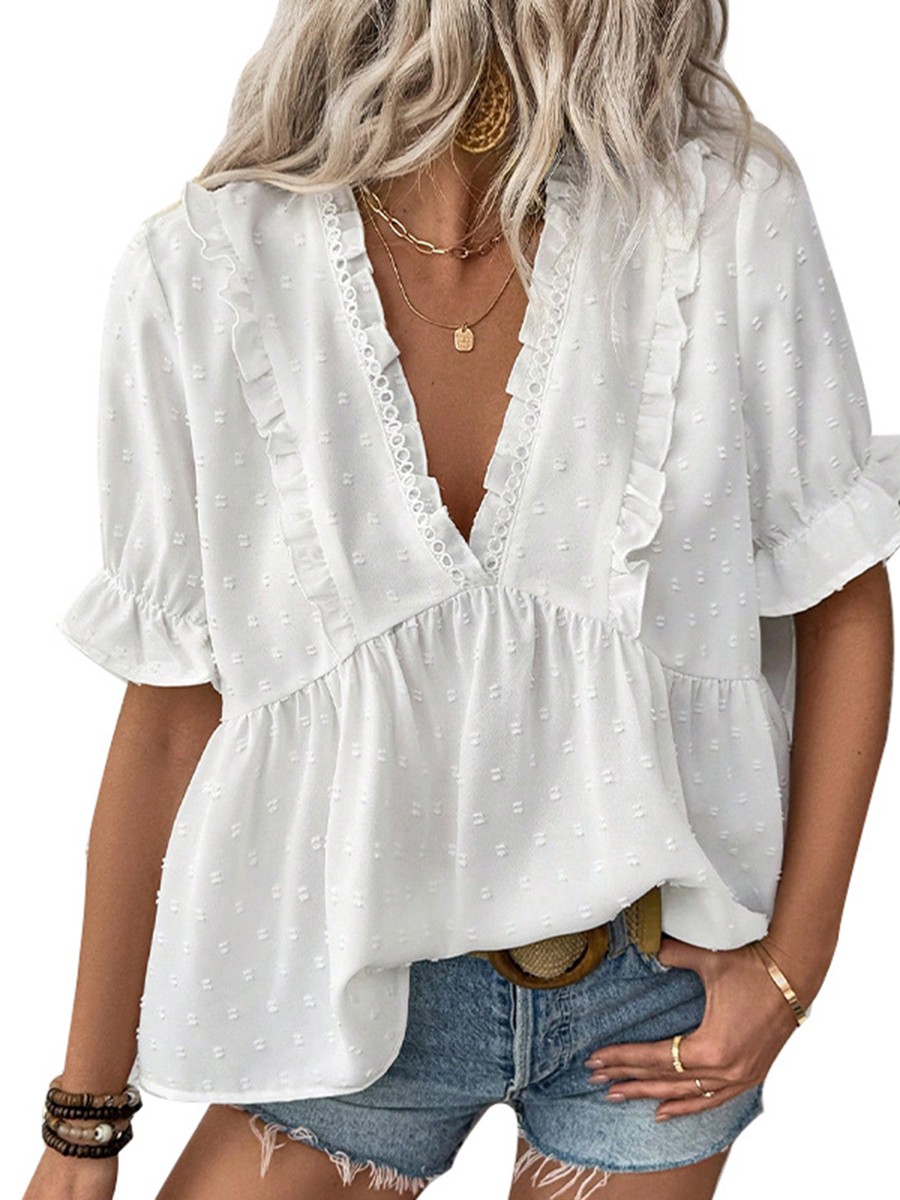 Women's Vacation V Neck Blouse with Flounce Sleeves for Summer Getaways - Picture 20 of 60