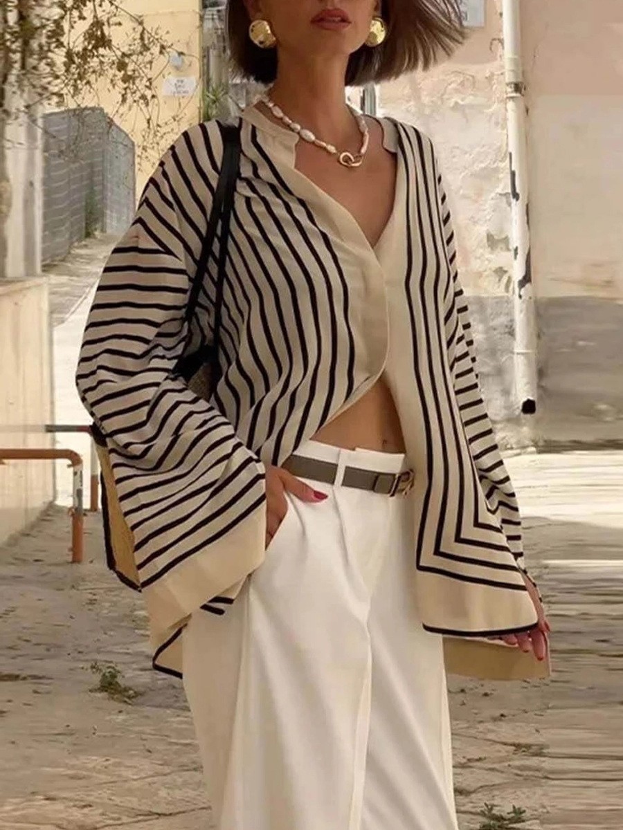 Loose Fit Striped Shirt for Women with Buttonless Placket and Casual Elegance - Picture 20 of 53