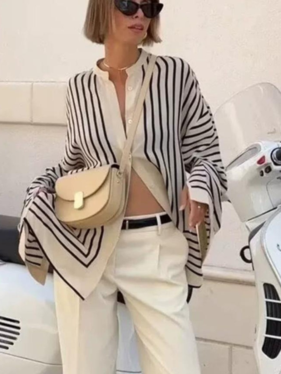 Loose Fit Striped Shirt for Women with Buttonless Placket and Casual Elegance - Picture 19 of 53