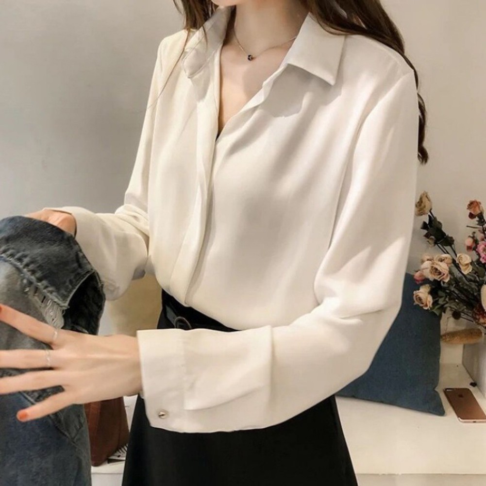 Comfortable Women's Chiffon Long Sleeve Shirt Classic Solid Color for Looks - Picture 5 of 9