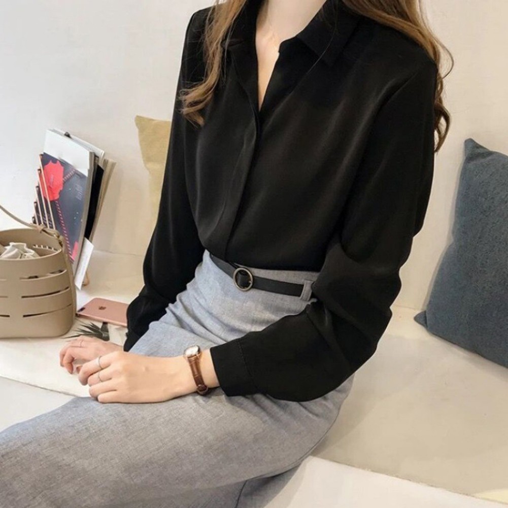 Comfortable Women's Chiffon Long Sleeve Shirt Classic Solid Color for Looks - Picture 6 of 9