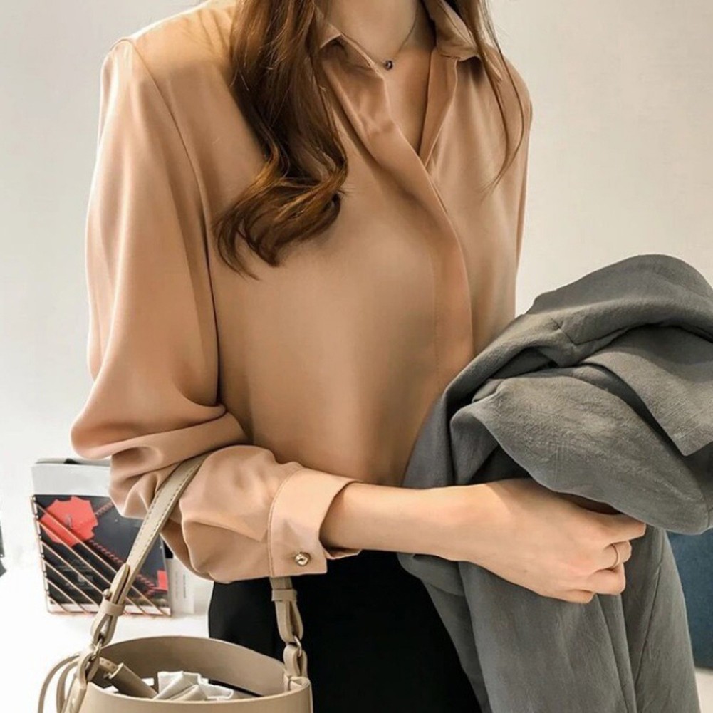 Comfortable Women's Chiffon Long Sleeve Shirt Classic Solid Color for Looks - Picture 7 of 9