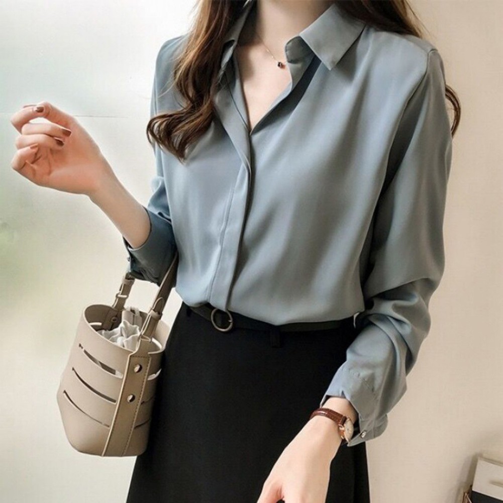 Comfortable Women's Chiffon Long Sleeve Shirt Classic Solid Color for Looks - Picture 9 of 9