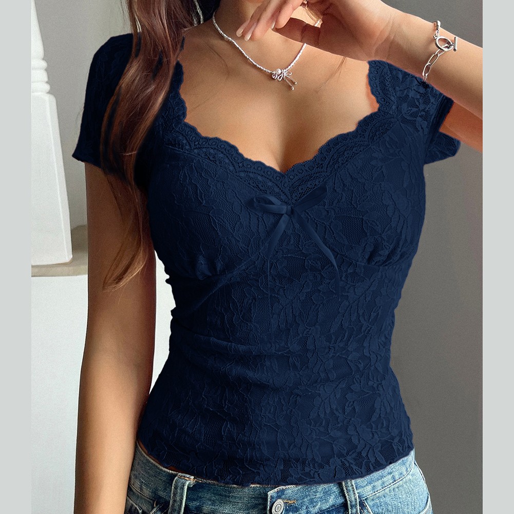 Breathable Fabric Sexy Lace T-shirt Short-sleeved Top Embroidery Design - Picture 50 of 50