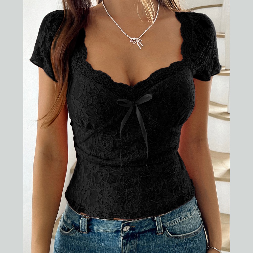 Breathable Fabric Sexy Lace T-shirt Short-sleeved Top Embroidery Design - Picture 23 of 50