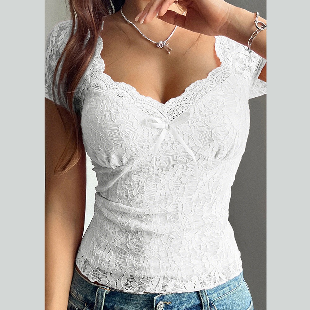 Breathable Fabric Sexy Lace T-shirt Short-sleeved Top Embroidery Design - Picture 41 of 50