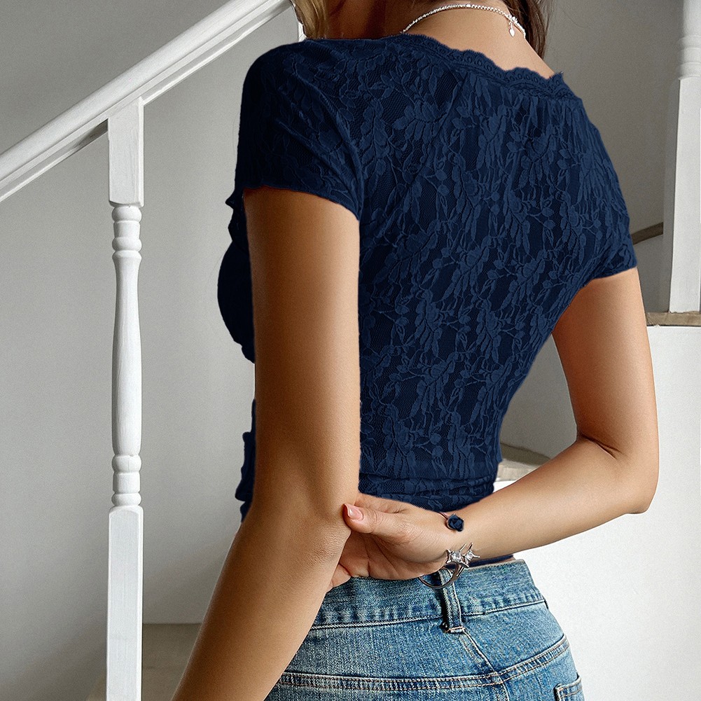 Breathable Fabric Sexy Lace T-shirt Short-sleeved Top Embroidery Design - Picture 46 of 50