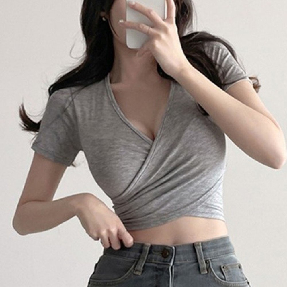 Fashion Forward Women Solid Color V Neck Short Sleeve Tee for the Summer - Picture 9 of 12