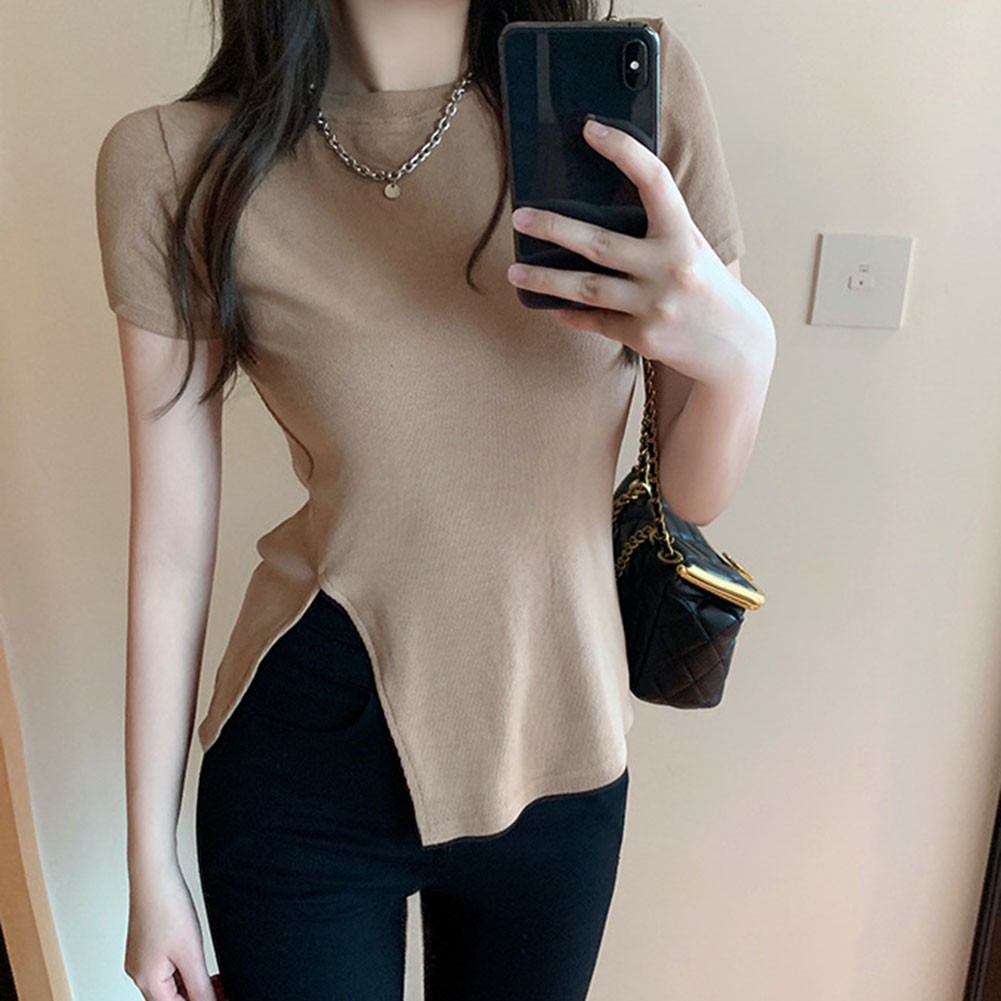 Trendy Women Summer Short Sleeve T Shirts with Irregular Hem for Daily Use - Picture 17 of 32