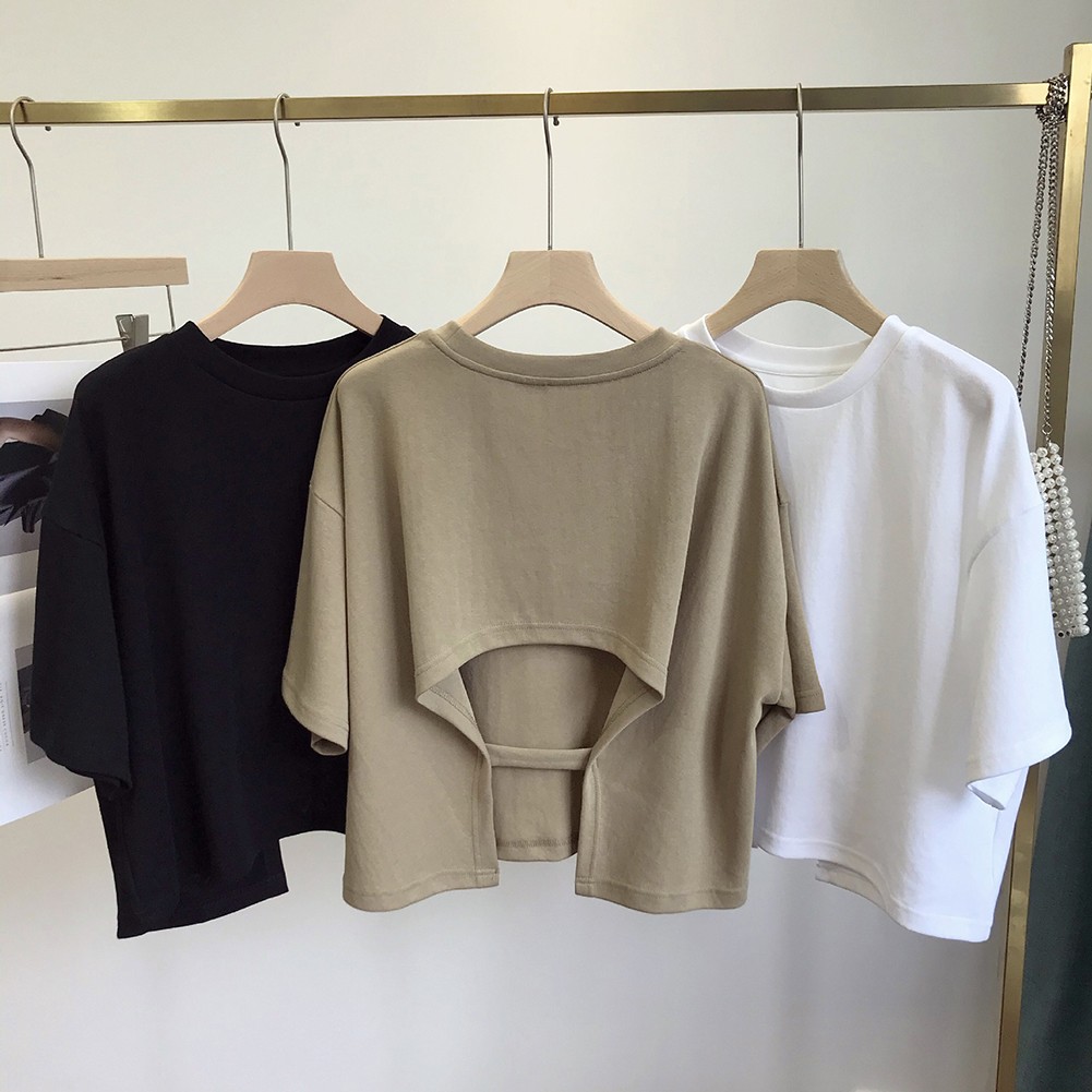 Women Summer Short Sleeve T Shirt Backless Solid Color Tops for Outings - Picture 23 of 29