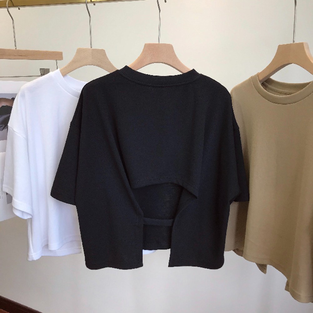 Women Summer Short Sleeve T Shirt Backless Solid Color Tops for Outings - Picture 17 of 29