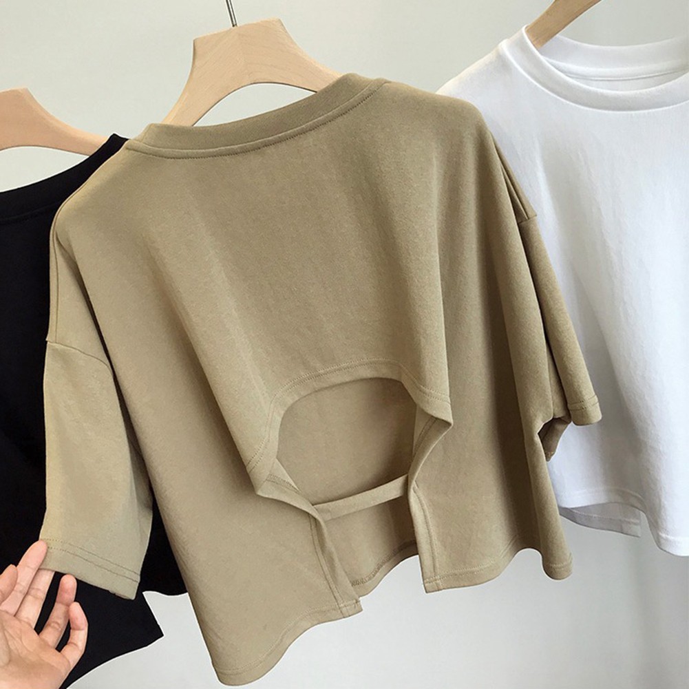 Women Summer Short Sleeve T Shirt Backless Solid Color Tops for Outings - Picture 28 of 29