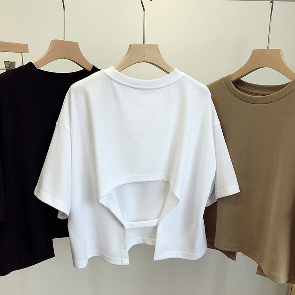 Women Summer Short Sleeve T Shirt Backless Solid Color Tops for Outings - Picture 19 of 29