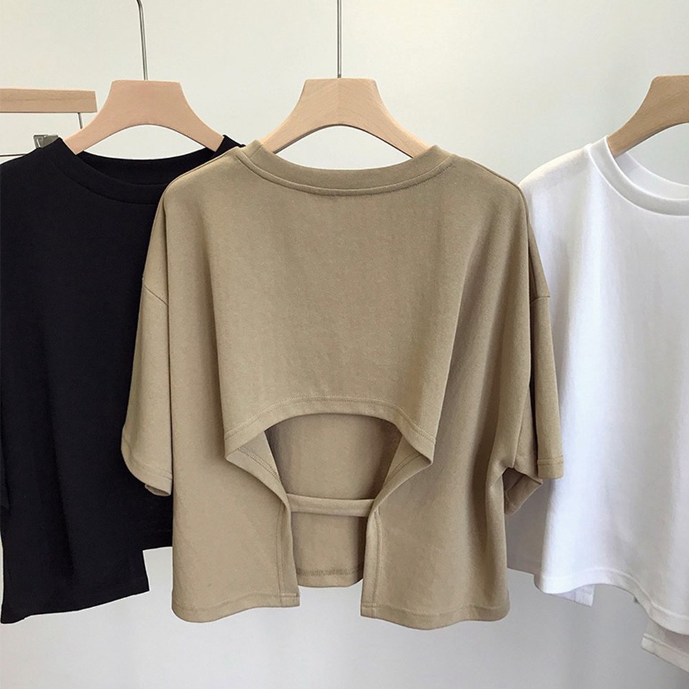 Women Summer Short Sleeve T Shirt Backless Solid Color Tops for Outings - Picture 26 of 29