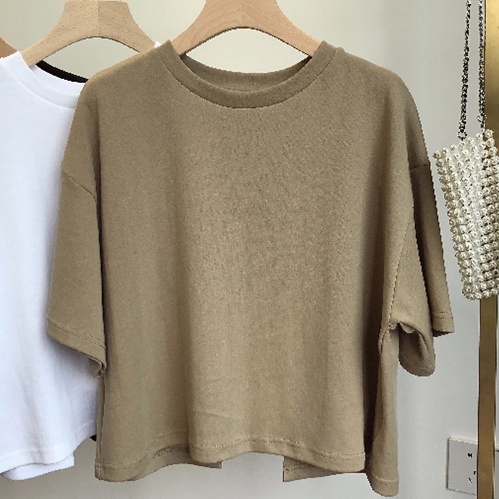 Women Summer Short Sleeve T Shirt Backless Solid Color Tops for Outings - Picture 21 of 29