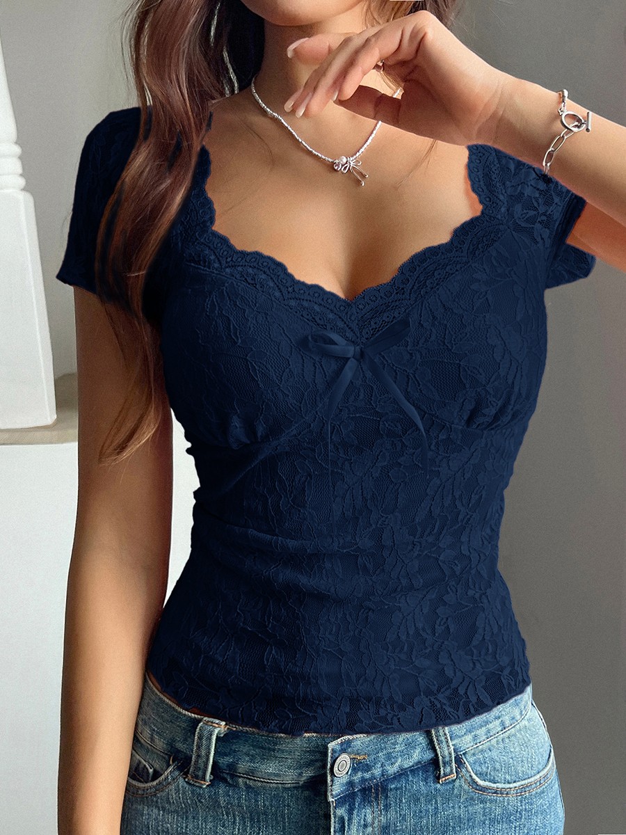 Breathable Fabric Sexy Lace T-shirt Short-sleeved Top Embroidery Design - Picture 48 of 50