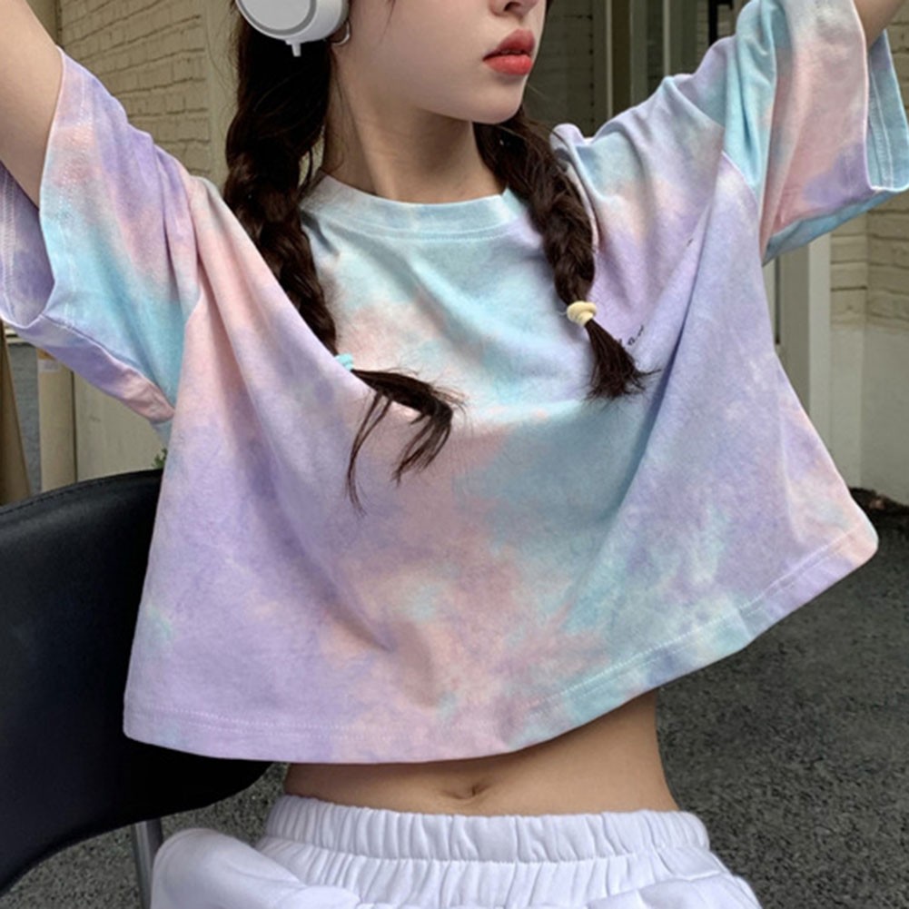Women Summer Tie Dye Short Sleeve T Shirt Casual Crop Top for Vacation - Picture 12 of 13