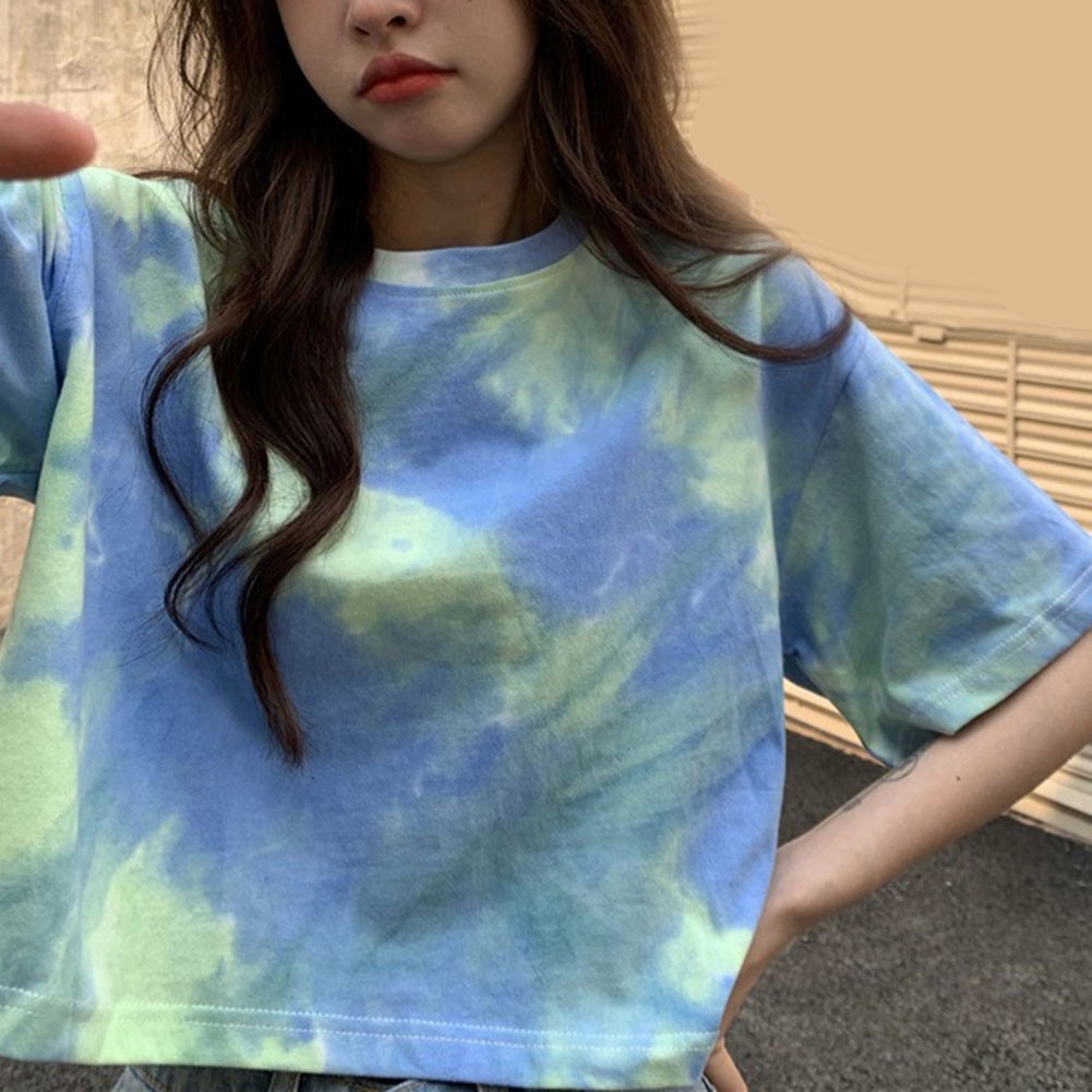 Women Summer Tie Dye Short Sleeve T Shirt Casual Crop Top for Vacation - Picture 9 of 13
