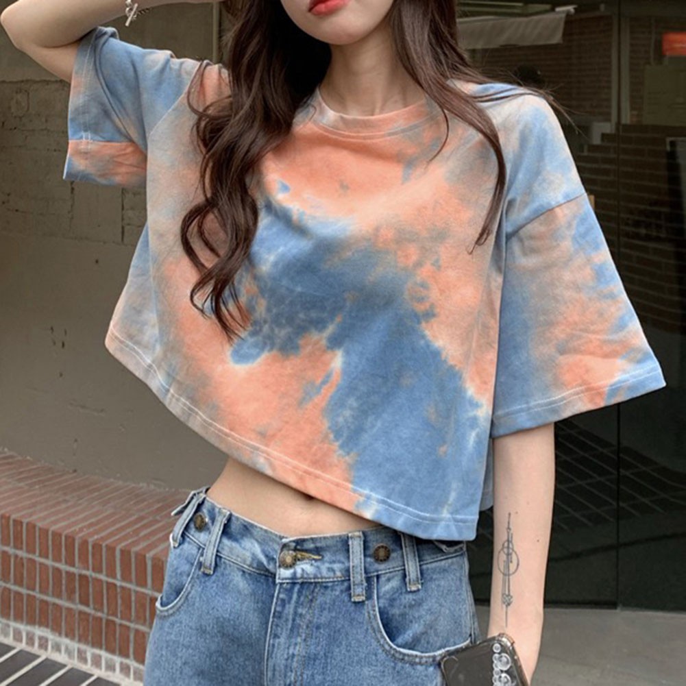 Women Summer Tie Dye Short Sleeve T Shirt Casual Crop Top for Vacation - Picture 10 of 13