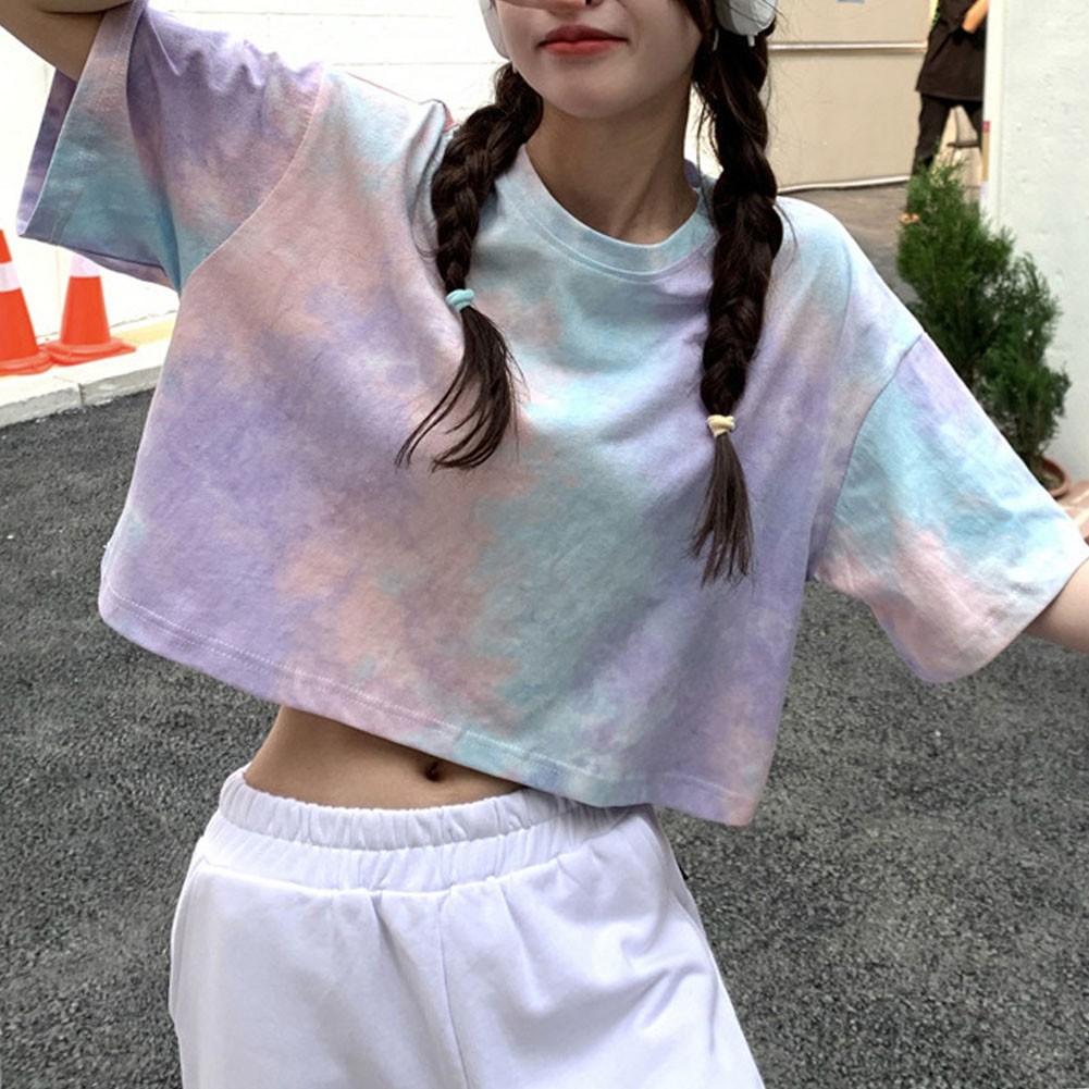 Women Summer Tie Dye Short Sleeve T Shirt Casual Crop Top for Vacation - Picture 11 of 13