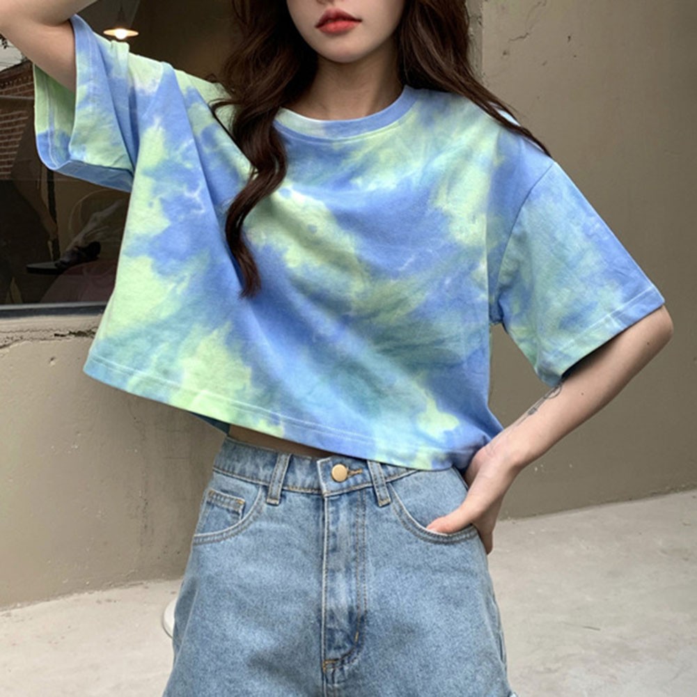 Women Summer Tie Dye Short Sleeve T Shirt Casual Crop Top for Vacation - Picture 8 of 13