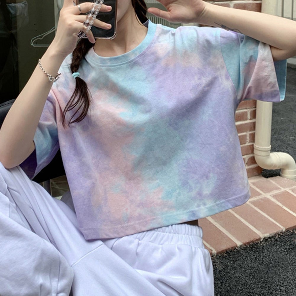 Women Summer Tie Dye Short Sleeve T Shirt Casual Crop Top for Vacation - Picture 13 of 13