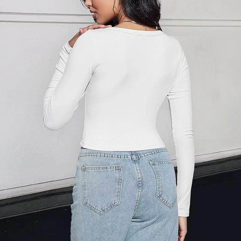 Classic Womens Ribbed Long Sleeve Crop Top with Square Neck for Everyday - Picture 26 of 63