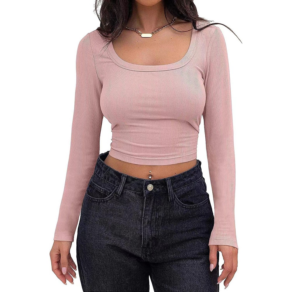 Classic Womens Ribbed Long Sleeve Crop Top with Square Neck for Everyday - Picture 46 of 63