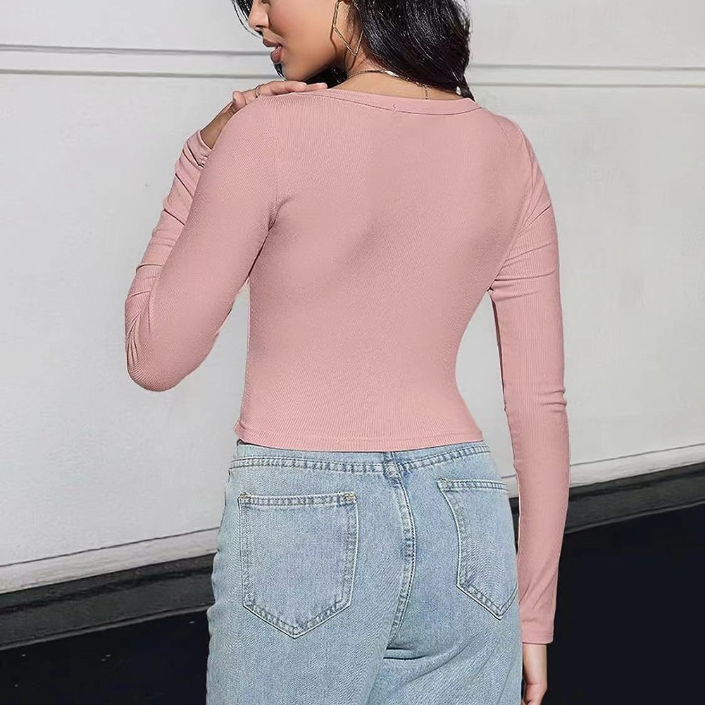 Classic Womens Ribbed Long Sleeve Crop Top with Square Neck for Everyday - Picture 51 of 63