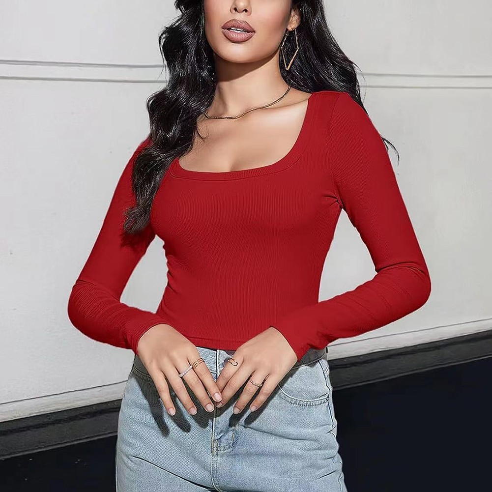 Classic Womens Ribbed Long Sleeve Crop Top with Square Neck for Everyday - Picture 45 of 63