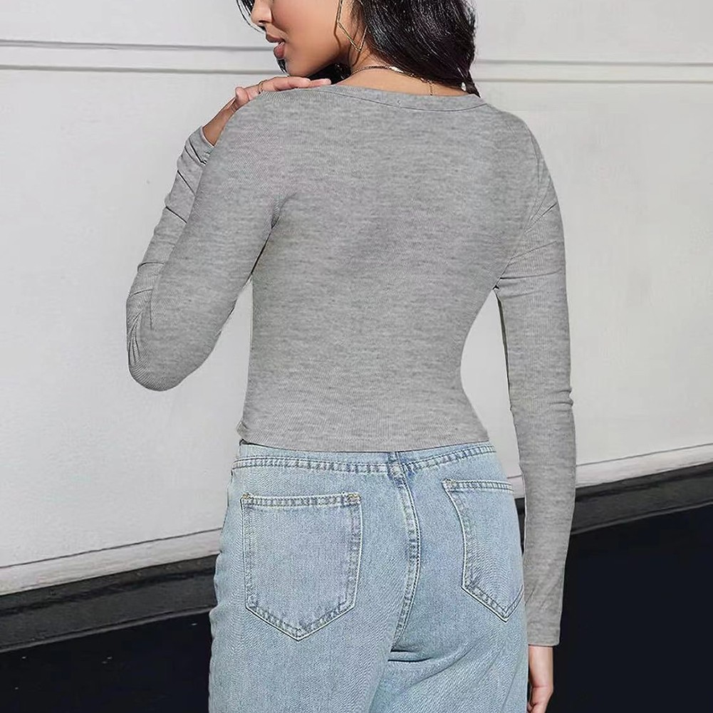 Classic Womens Ribbed Long Sleeve Crop Top with Square Neck for Everyday - Picture 32 of 63