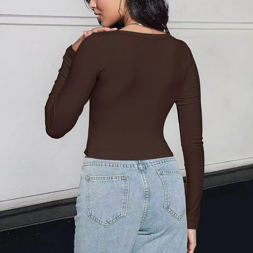 Classic Womens Ribbed Long Sleeve Crop Top with Square Neck for Everyday - Picture 57 of 63