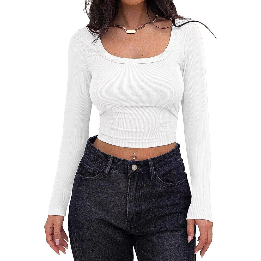 Classic Womens Ribbed Long Sleeve Crop Top with Square Neck for Everyday - Picture 22 of 63