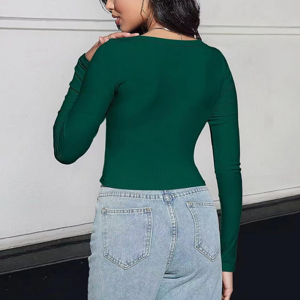 Classic Womens Ribbed Long Sleeve Crop Top with Square Neck for Everyday - Picture 38 of 63