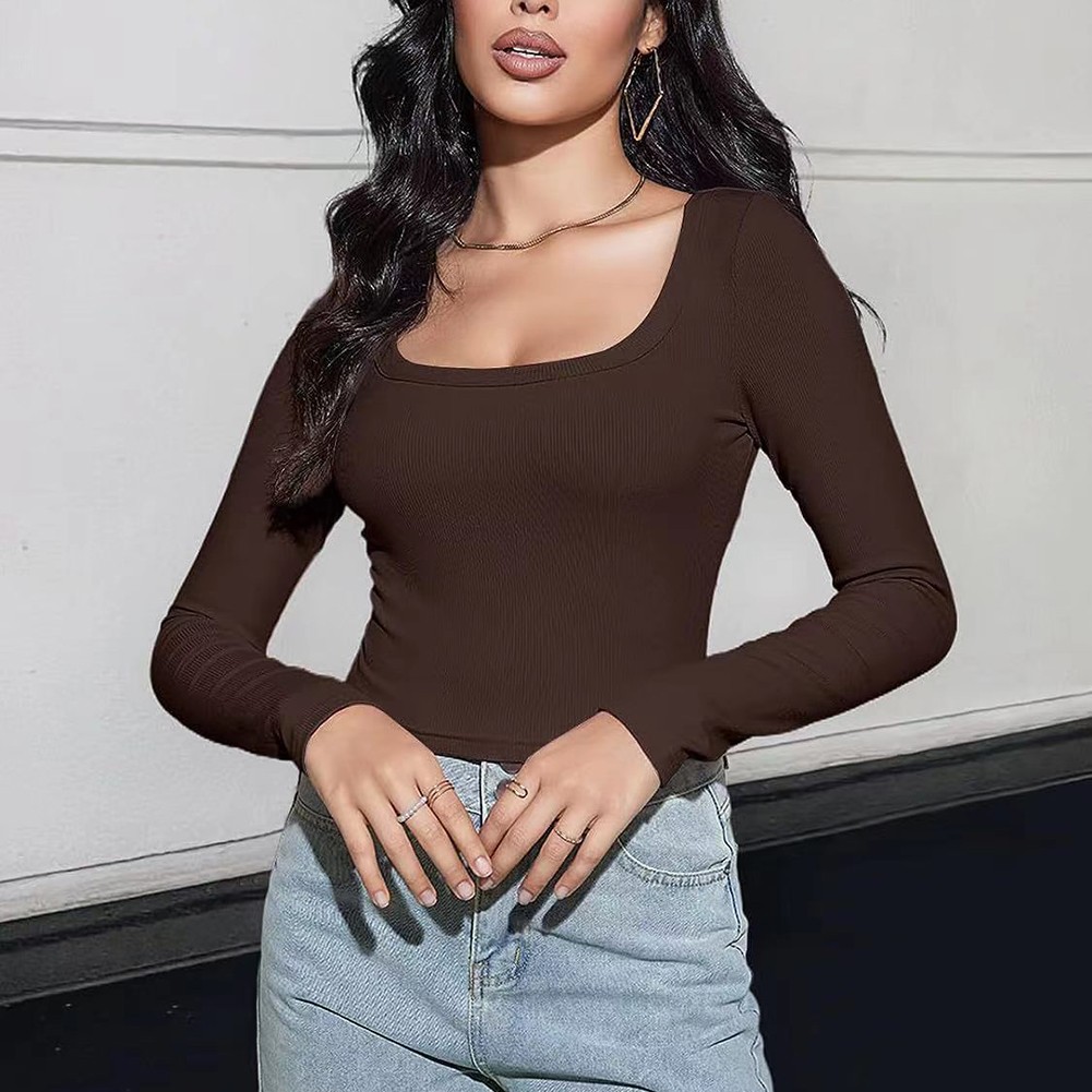 Classic Womens Ribbed Long Sleeve Crop Top with Square Neck for Everyday - Picture 56 of 63